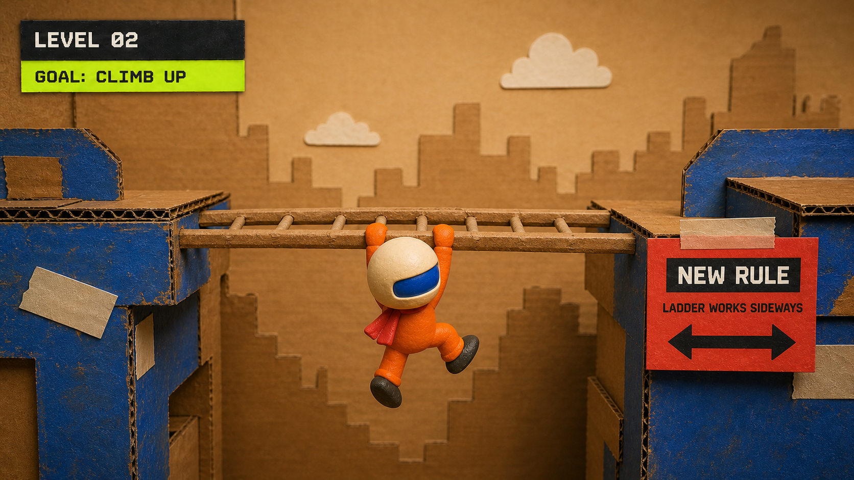 HELMET ZERO hanging from a ladder that works sideways